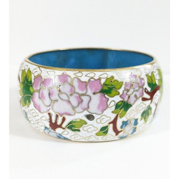 Large Wide Vintage Cloisonne Enamel Bangle Bracelet - Flowers Leaves Clouds - Picture 4 of 16